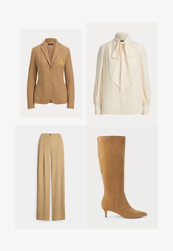 Beige blazer med struktureret stof, to guldbelagte knapper og en brystlomme med et broderet logo i guld. Indeholder to forlommer.; Langærmet cremefarvet bluse med høj krave og en stor bundet sløjfe ved halsen, med rynkede skuldre og manchetærmer.; Beige bukser med vide ben lavet af glat stof. Har knaplukning, plisseringer foran og en afslappet pasform med en lige silhuet.; Lauren Ralph Lauren MCKAY SUEDE TALL BOOT HEEL - Høje støvler/ Støvler - camel