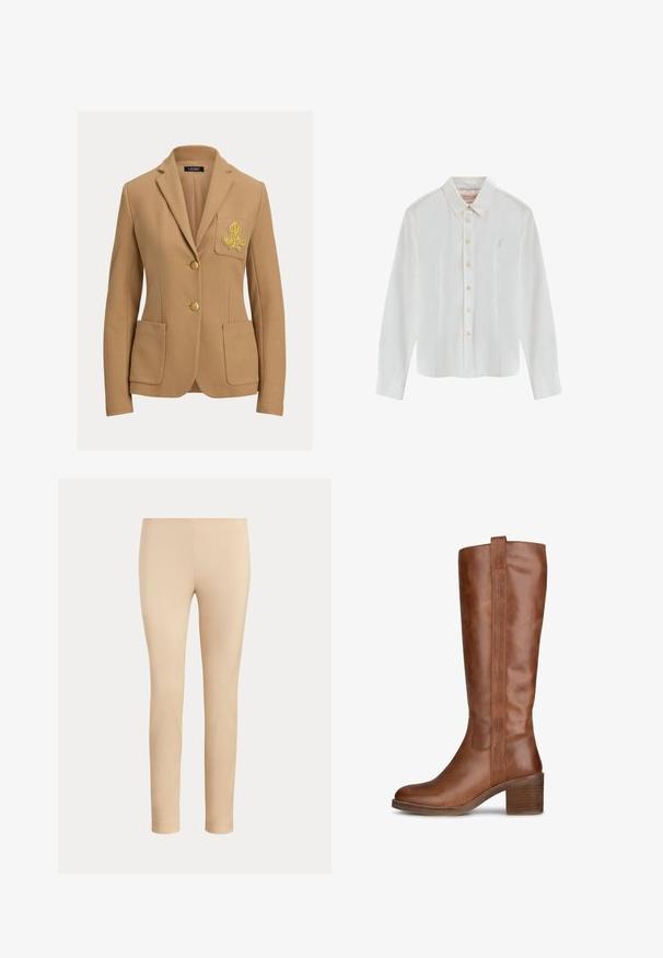 Blazer beige avec un tissu texturé, deux boutons dorés, et une poche poitrine ornée d'un logo brodé en or. Comprend deux poches avant.; Chemise blanche à manches longues avec un col à boutons, comportant sept boutons sur le devant, un logo discret sur le côté gauche de la poitrine, et un tissu lisse.; Pantalon beige slim fit longueur cheville avec une finition lisse, sans poches visibles ni ornements, sur un fond uni.; Botte en cuir marron jusqu'au genou avec un bout arrondi, un talon empilé et des coutures le long des côtés. Texture lisse avec un design droit.