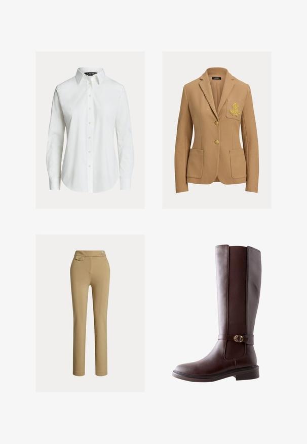 Beige blazer med struktureret stof, to guldbelagte knapper og en brystlomme med et broderet logo i guld. Indeholder to forlommer.; Hvid skjorte med lange ærmer, knapper foran, spids krave og let buet kant.; Beige skræddersyede bukser med en glat tekstur, høj talje, to dekorative knapper og en enkelt baglomme. Lige ben-design.; Next STANDARD FIT - FOREVER COMFORT ROUND BUCKLE DETAIL - Høje støvler/ Støvler - new chocolate brown