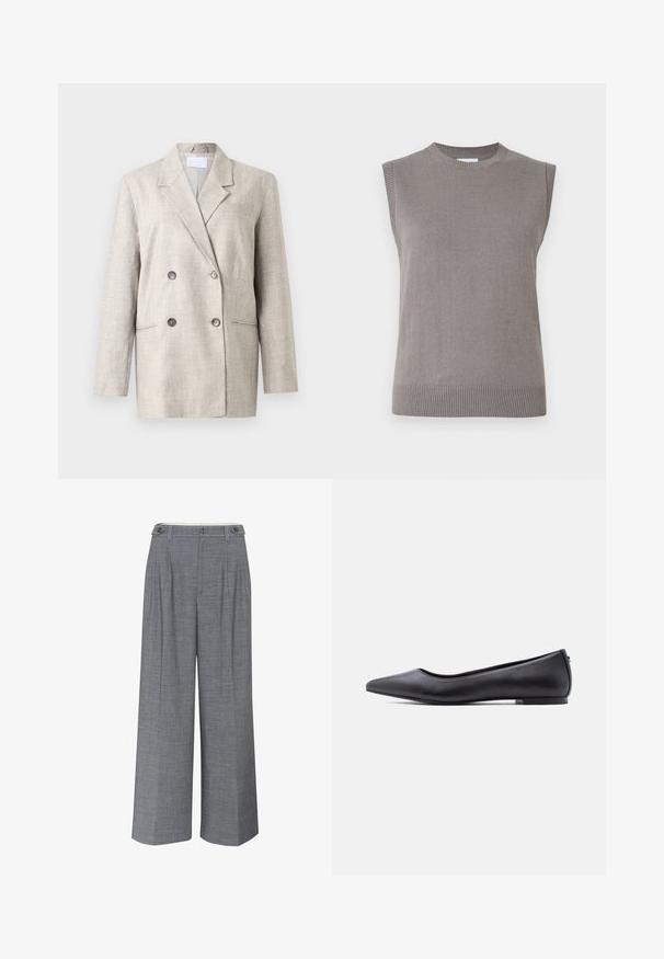 Beige dobbeltrækket blazer i tekstureret stof. Har en klapkrave, to forreste lommer og grå knapper. Struktureret pasform med lange ærmer.; Ærmeløs grå strikket trøje med ribbet halsudskæring og kant. Blød tekstur, lige snit og minimalistisk design uden pyntegenstande.; Grå bukser med bred benåbning lavet af tekstureret stof, der har dobbelt knaplukning og frontfolder for ekstra designdetaljer.; Sort flad lædersko med spidst tåparti og lav hæl, vist i sideprofil mod en hvid baggrund.
