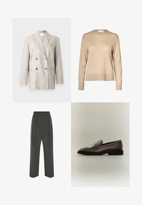 Beige dubbelzijdig blazer in textured stof. Voorzien van een notch revers, twee voorzakken en grijze knopen. Gestructureerde pasvorm met lange mouwen.; Beige wollen trui met lange mouwen, een ronde hals en geribde boorden en zoom, afgebeeld tegen een witte achtergrond.; Grijze wijde broek van gestructureerde stof, met een hoge taille en plooien aan de voorkant. Het ontwerp heeft een gladde tailleband en geen zichtbare sluitingen.; Bruine leren instapschoen met zwarte zool en lage hak, met een banddetail over de bovenkant.