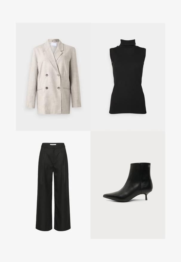 Blazer beige à double boutonnage en tissu texturé. Doté d'un col à revers, de deux poches avant et de boutons gris. Coupe structurée avec des manches longues.; Top noir sans manches en maille côtelée, avec un col haut et une silhouette ajustée. Texture lisse avec un minimum de détails.; Pantalon noir à jambes larges avec une coupe ajustée, doté d'une taille haute, de plis à l'avant et d'une texture de tissu lisse. Convient pour une tenue formelle.; Bottine en cuir noir avec bout pointu et petit talon kitten sur fond clair, vue côté extérieur.