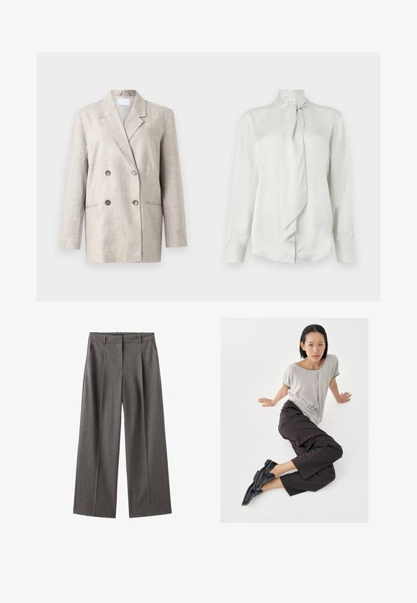 Beige zweireiher Blazer aus strukturiertem Stoff. Mit Reverskragen, zwei Vorderaschen und grauen Knöpfen. Strukturiert geschnitten mit langen Ärmeln.; Weiße Bluse mit langen Ärmeln, hohem Kragen und einer vorne gebundenen Schärpe, aus glattem, satinähnlichem Stoff.; Graue, weit geschnittene Hosen mit einem Streifenmuster, hoher Taille, Falten und glattem Stoff. Hergestellt aus einem leichten Material.; Hellgraues Kurzarmshirt, dunkle weite Hosen und schwarze Loafers. Glatter Stoff, entspannte Passform und kontrastierende Einfassung am Hemd.