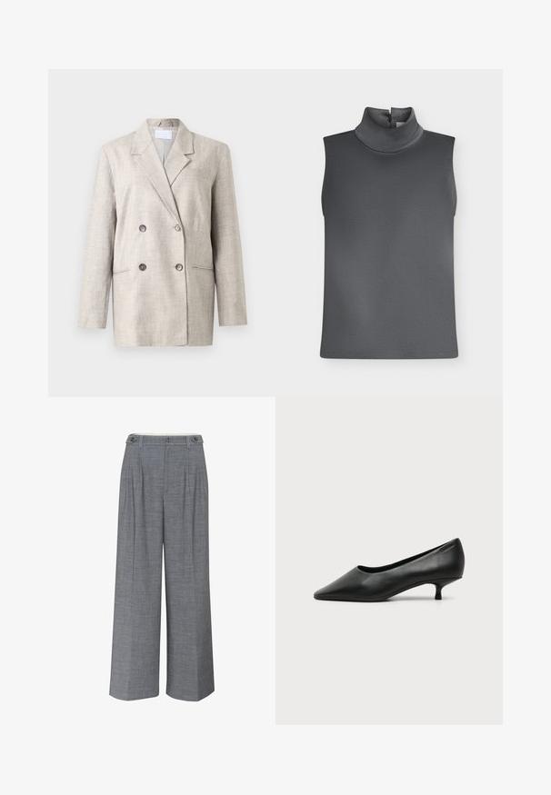 Blazer beige de doble botonadura en tejido texturizado. Presenta un cuello con muesca, dos bolsillos frontales y botones grises. Ajuste estructurado con mangas largas.; Top gris oscuro sin mangas con cuello alto y cierre de botón en la parte trasera del cuello sobre fondo blanco.; Pantalones de pierna ancha gris, confeccionados en un tejido texturizado, con un cierre de doble botón y pliegues frontales que añaden un detalle de diseño adicional.; Zapato de mujer negro de cuero con tacón bajo, puntera puntiaguda y pequeño tacón kitten sobre fondo claro liso.