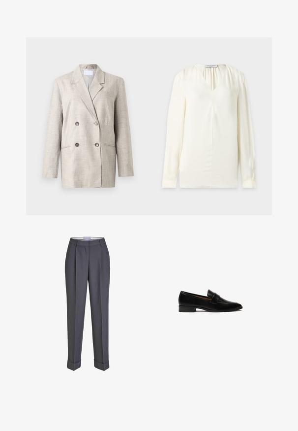 Beige dobbeltrækket blazer i tekstureret stof. Har en klapkrave, to forreste lommer og grå knapper. Struktureret pasform med lange ærmer.; Langærmet, cremefarvet bluse med V-hals og subtile plisseringer nær halsudskæringen, vist på en ensfarvet baggrund.; Mørkegrå skræddersyede bukser med lige ben, plisseret for og opsmøgte manchetter. Lavet af glat stof med en klassisk talje.; Sorte læder loafers med flad hæl, der har en rektangulær rem over vampen og en glat, poleret overflade.