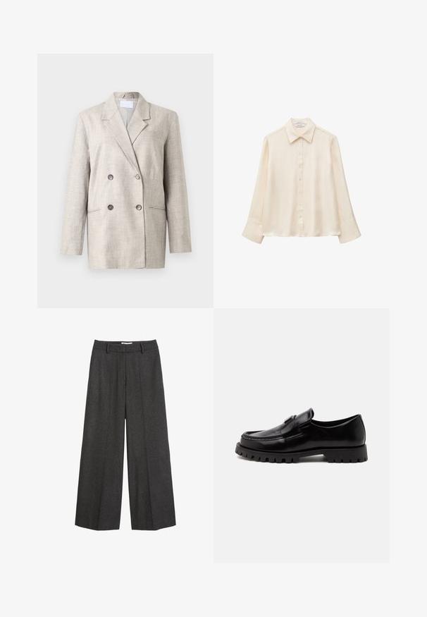 Blazer beige à double boutonnage en tissu texturé. Doté d'un col à revers, de deux poches avant et de boutons gris. Coupe structurée avec des manches longues.; Chemisier en soie crème à manches longues avec col pointu et fermeture à boutons devant, présenté sur fond blanc uni. Aucun motif ou dessin visible.; Pantalons à larges jambes en tissu gris foncé. Présentent une taille cintrée avec passants de ceinture, une texture lisse et des accents de couture minimalistes.; Mocassin en cuir noir avec semelle à relief épaisse et petit talon, finition polie et détail d'une bride sur le dessus.