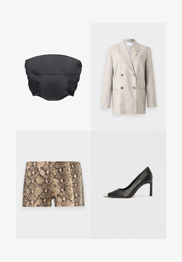 Beige dobbeltrækket blazer i tekstureret stof. Har en klapkrave, to forreste lommer og grå knapper. Struktureret pasform med lange ærmer.; Sorte faux læder cropped top med sammensat tekstur og en struktureret form, der har en glat overflade og minimale sydetaljer.; Brune og beige slangeskindsprintede shorts lavet af tekstureret materiale, der har en tætsiddende design og glat finish med synlige sømme.; Sort læder højhælet sko med spids tå og metal-sølv hætte. Har en glat finish og en slank hæl på 10 cm.