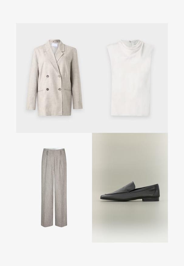 Blazer beige à double boutonnage en tissu texturé. Doté d'un col à revers, de deux poches avant et de boutons gris. Coupe structurée avec des manches longues.; Haut blanc sans manches avec un col montant et une fermeture éclair au dos, présenté à plat sur un fond blanc.; Second Female JUN - Pantalon classique - trench coat; Mocassins en cuir noir avec une finition lisse, un bout pointu et un design minimaliste. Talon bas empilé et accents de couture subtils.