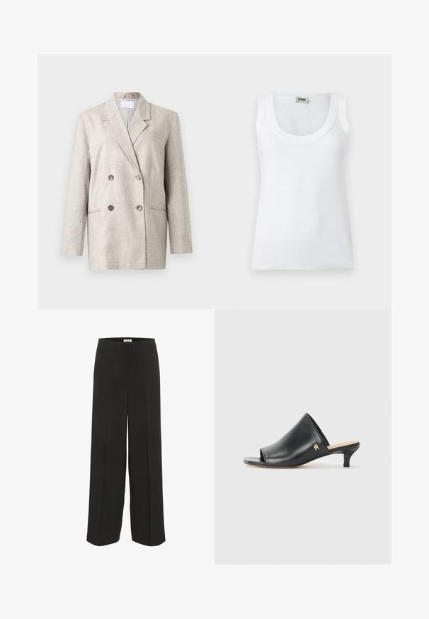 Beige dobbeltrækket blazer i tekstureret stof. Har en klapkrave, to forreste lommer og grå knapper. Struktureret pasform med lange ærmer.; Hvid ribbet ærmeløs tanktop med rund halsudskæring og mærkelabel ved kraven bagpå, vist på en ensfarvet hvid baggrund.; Sorte bukser med vid ben, høj talje og subtile pressede detaljer, designet til en afslappet og elegant pasform.; Sorte læder open-toe mules med en lav hæl. Har en glat overflade og et guld logo-prim på siden.