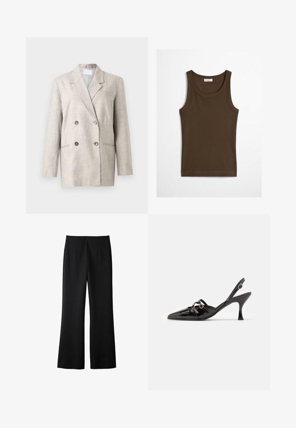 Beige dobbeltrækket blazer i tekstureret stof. Har en klapkrave, to forreste lommer og grå knapper. Struktureret pasform med lange ærmer.; Brun ærmeløs ribbet tanktop med rund halsudskæring, mærket Marc O'Polo Denim, lagt fladt på en hvid baggrund.; Sorte brede bukser lavet af et glat stof, med et enkelt design, forknydder og en skræddersyet finish uden synligt hardware.; ALOHAS JOELLE ONIX - Pumps - black