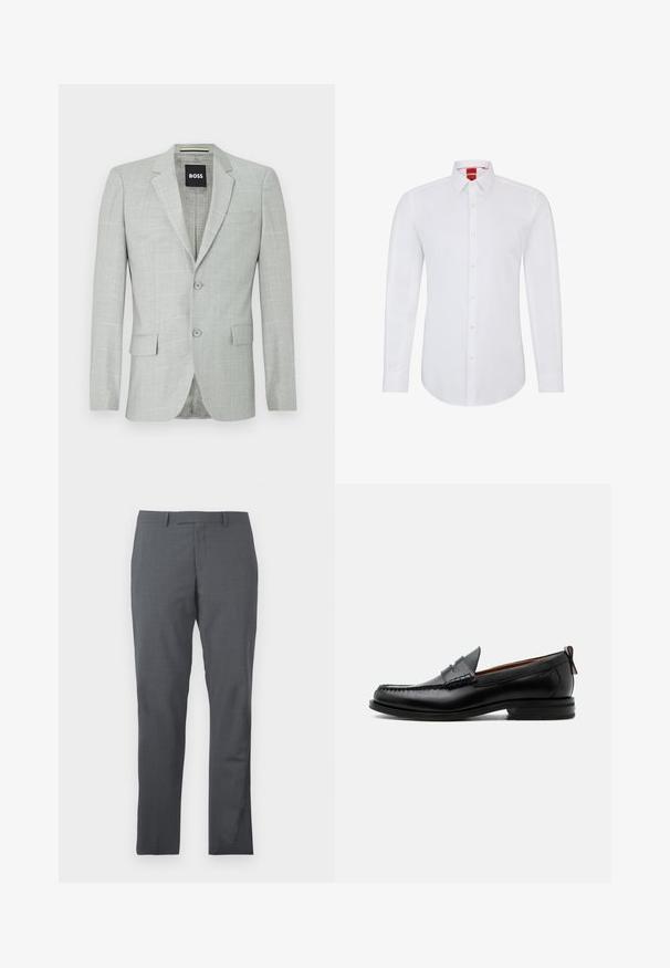 Blazer gris claro con un patrón texturizado, dos botones, solapas de muesca y bolsillos laterales. El interior presenta un forro impreso sutil.; Camisa blanca de manga larga con cuello, que presenta un cierre frontal de botones y un tejido suave y liso. Sin patrones ni acentos visibles.; Pantalones de vestir grises con una tela suave y texturizada. Diseño slim fit, con delantero liso y sin adornos ni bolsillos visibles.; Mocasín de hombre de piel negra con costura moc toe, tira penny, cuello texturizado y tacón bajo apilado sobre fondo blanco.