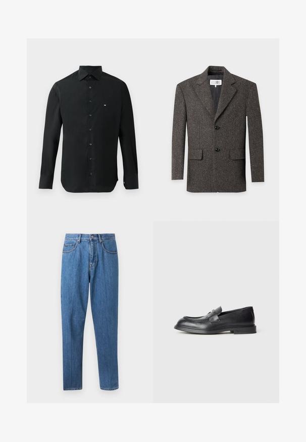 Donkerbruine wollen blazer met visgraatmotief, met een ingesneden revers, twee zwarte knopen, klepzakken en een zichtbaar merkembleem aan de binnenkant van de kraag.; Zwarte longsleeve shirt van gladde stof, met een puntige kraag, knoopsluiting en een klein wit logo op de linkerkant van de borst.; Blauwe rechte spijkerbroek met knoop- en ritssluiting, voorzakken en riemlussen, afgebeeld tegen een witte achtergrond.; Zwarte leren loafers met een gestructureerde afwerking, voorzien van een decoratieve voorstrik en een afgeronde neus. Rubberzool voor duurzaamheid.