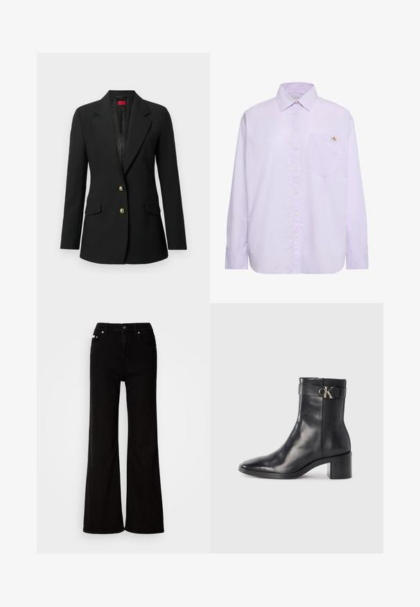 Sort blazer med en skræddersyet pasform, enkeltstående design, gyldne knapdetaljer, to forlommer og slidsed krave. Glat stoftekstur.; Lys lilla langærmet skjorte med knapper, venstre brystlomme og lille Calvin Klein-logo over lommen.; Sorte denim flared jeans med høj talje, der har lynlås og knaplukning, sidelommer og subtile hardware-detaljer.; Sort læder ankelstøvle med spids tå, blokhæl og en rem med en metallisk logo detalje. Glat tekstur og minimalistisk design.