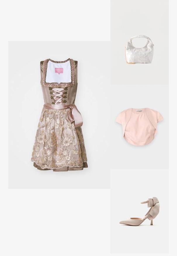 Boléro rose pâle à manches courtes avec devant ouvert et ourlet courbé, confectionné en tissu lisse, étalé à plat sur un fond gris.; Robes traditionnelles dirndl avec un corsage ajusté en tissu taupe, orné de broderies florales. La jupe présente un design superposé avec des accents en dentelle.; Chaussure à talon haut beige à bout pointu avec bride à la cheville et grand nœud rembourré sur le talon, présentée sur un fond clair uni.; Sac à main en satin blanc avec broderie florale, poignée ronde ajourée et bandoulière chaîne dorée attachée, sur un fond clair uni.