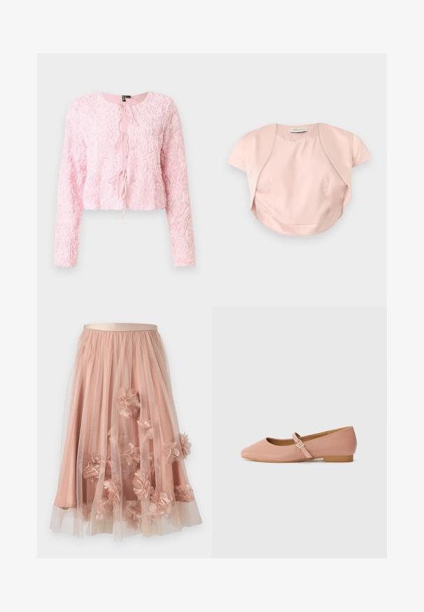 Lyserød kortærmet bolerojakke med åben front og buet kant, lavet af glat stof, lagt fladt på en grå baggrund.; Rosa cropped jakke med lange ærmer, struktureret rosemønster, rund halsudskæring og frontlukning med bånd. Feminin design med blødt, lagdelt stof.; Tylskørt i blød lyserød med satinbånd i taljen. Har lag af gennemsigtigt stof og tredimensionelle blomsterapplikationer over det hele.; Lyserød syntetisk lædersko med spids tå, lav hæl og en rem med en guldbuckle. Glat tekstur med et minimalistisk design.