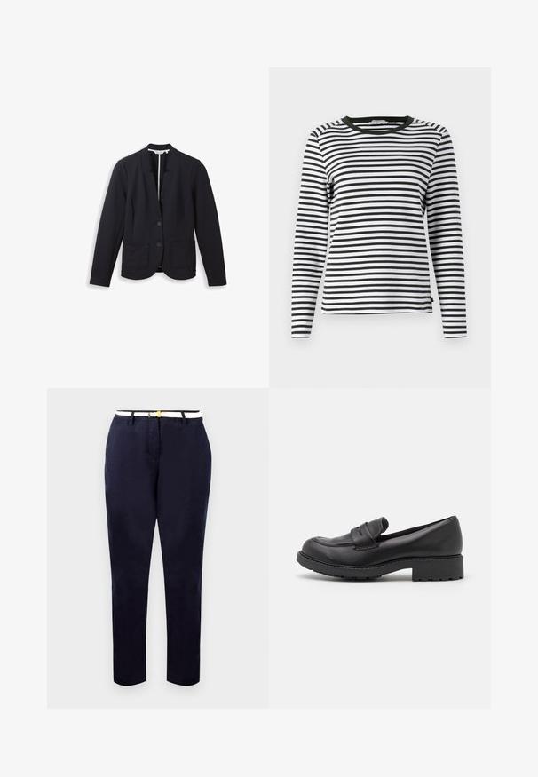Sort skræddersyet blazer med hakket krave, to forreste knapper, lange ærmer og to forreste påsatte lommer, vist på hvid baggrund.; Langærmet skjorte i sort og hvid stribet design med en rund, grøn halsudskæring. Blødt stof med normal pasform og lige søm.; Marineblå chinos med en slim fit, bomuldsstof og et hvidt bælte med en guldtonet spænde. Glat tekstur, lige ben, minimalistisk design.; Sorte læder loafers med rund tå, to dekorative remme over vristen og en tyk gummisål med skridsikre mønstre.