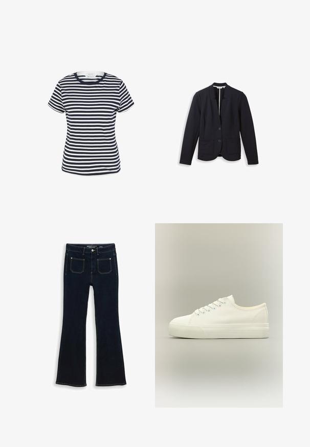 Sort skræddersyet blazer med hakket krave, to forreste knapper, lange ærmer og to forreste påsatte lommer, vist på hvid baggrund.; Marineblå og hvid stribet t-shirt lavet af økologisk bomuld, med rund halsudskæring og korte ærmer, samt en lige kant forneden.; Mørkeblå denim flare-jeans med forlommer, knaplukning og kontrastsyninger, lagt fladt på en hvid baggrund.; Hvid lavtop lærreds-sneaker med snørelukning foran og tyk, tekstureret gummisål på en neutral baggrund.