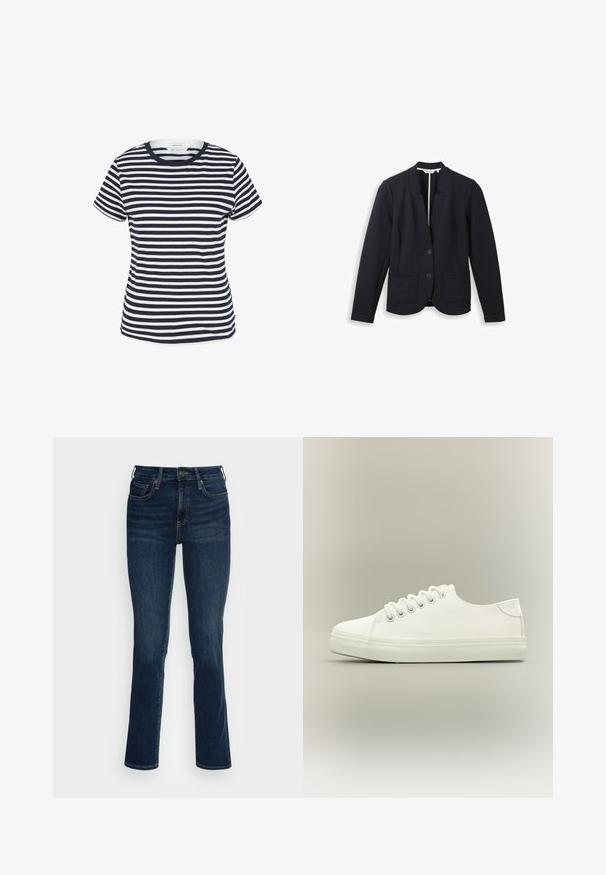 Sort skræddersyet blazer med hakket krave, to forreste knapper, lange ærmer og to forreste påsatte lommer, vist på hvid baggrund.; Marineblå og hvid stribet t-shirt lavet af økologisk bomuld, med rund halsudskæring og korte ærmer, samt en lige kant forneden.; Mørkeblå denimjeans med en tætsiddende design, høj talje, lige ben og kobberhardware accenter. Glat tekstur med minimal falmning.; Hvid lavtop sneaker med hvide snørebånd og gummisål vist fra siden på en neutral baggrund.