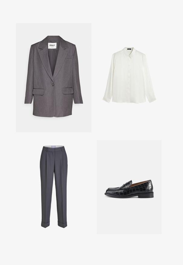 ONLY ONLHATTIE - Blazer - dark grey melange; Blusa blanca de manga larga hecha de una tela suave, con cuello clásico, cierre frontal de botones y puños abotonados. Diseño simple y minimalista.; Pantalones de traje gris oscuro con un diseño de pierna recta, frente plisado y puños doblados. Fabricados con una tela suave, presentan una cinturilla clásica.; Mocasines de cuero negro con relieve de cocodrilo, punta redondeada, diseño sin cordones y tacón bajo y resistente. Textura suave y brillo sutil.