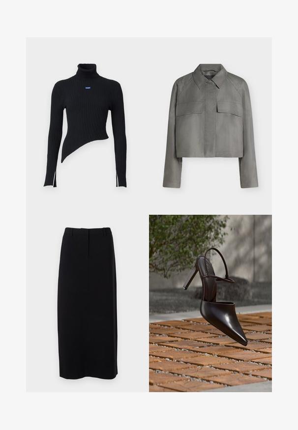 Veste grise courte avec manches longues, col pointu, poches à rabat devant et fermeture boutonnée invisible sur fond uni.; Pull en laine côtelé noir avec un ourlet asymétrique et des fentes sur les côtés. Présente un petit logo bleu sur la poitrine. Fabriqué en matériau doux.; Jupe crayon noire, longueur genoux, en tissu lisse avec une taille cintrée, présentant de subtils plis avant et sans fermetures visibles.; Mule noire brillante à talons hauts avec bout pointu et bride à la cheville, suspendue au-dessus d'une surface carrelée en terre cuite avec des interstices remplis de gravier.