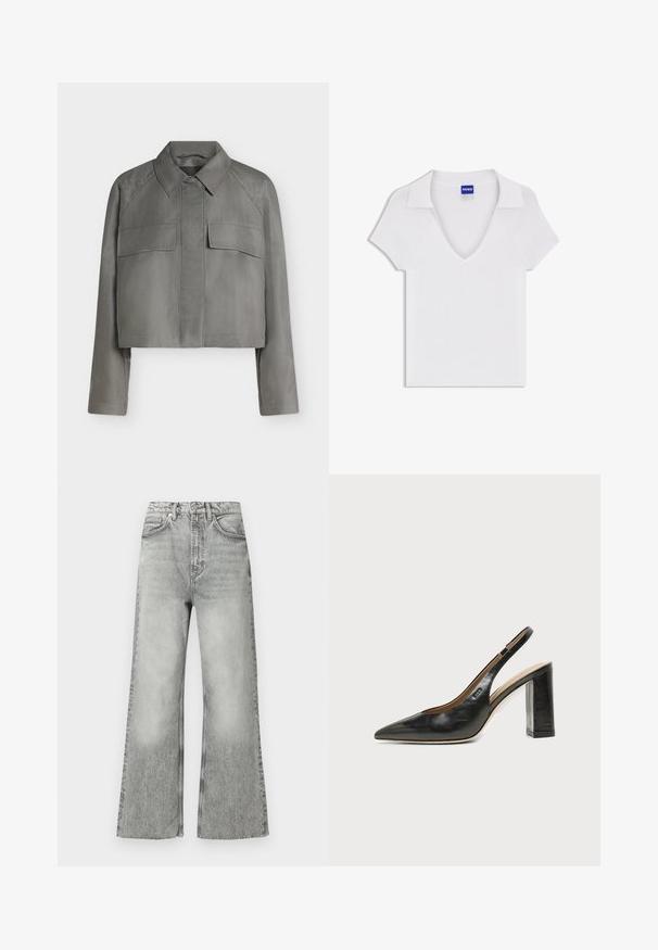 Veste grise courte avec manches longues, col pointu, poches à rabat devant et fermeture boutonnée invisible sur fond uni.; Chemise blanche à manches courtes avec col en V et large col, en tissu texturé, avec une étiquette bleue « HUGO » à l'intérieur de l'encolure.; Jean en denim gris évasé avec une taille haute, une finition délavée, cinq poches et des passants pour ceinture. Détails de coutures le long des coutures.; Chaussure slingback en cuir noir à bout pointu avec un talon bloc haut et une doublure intérieure beige sur un fond clair uni.