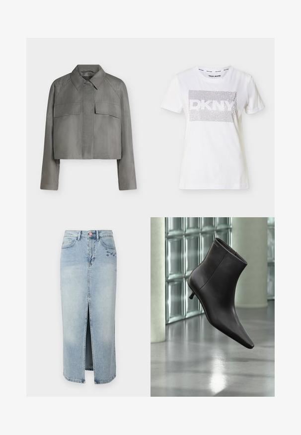 Graue, kurz geschnittene Jacke mit langen Ärmeln, spitzem Kragen, vorderen Klappentaschen und verdecktem Knopfverschluss auf einfarbigem Hintergrund.; Weißes T-Shirt mit kurzen Ärmeln, versehen mit einem gepunkteten rechteckigen Muster und dem markanten Schriftzug "DKNY" mittig auf der Brust.; Fabienne Chapot CARLYNE SKIRT - Jeansrock - light blue tinted; Schwarzer Leder-Knöchelstiefel mit spitzer Spitze und kleinem Absatz vor einer Wand aus Glasbausteinen und einem polierten Boden.