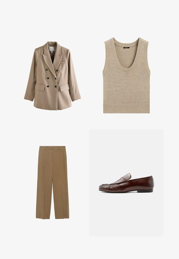 Beige dobbeltradet blazer lavet af tekstureret stof med sorte knapper, to lommer foran og en revers med hak.; Beige strikket ærmeløs sweatervest med ribkant rundt ærmegab, halsudskæring og kant, lagt fladt på hvid baggrund.; Bredde bukser lavet af letvægtsstof i en ensfarvet brun farve, med frontfolder og et tætsiddende talje. ; Brun læderloafer med lav sort hæl, mokasinsyning og en remdetalje over vristen, vist fra siden på hvid baggrund.