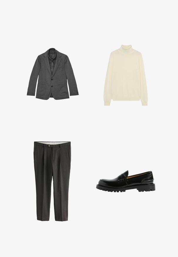 Grauer Blazer aus strukturiertem Stoff, mit Zwei-Knopf-Verschluss, notched Revers und zwei vorderen Taschen, mit einem eleganten, maßgeschneiderten Design.; Cremfarbener Rollkragenpullover mit langen Ärmeln. Aus einem weichen Strickmaterial gefertigt, mit einem enganliegenden Kragen und gerippten Bündchen. Keine Muster oder Akzente.; Dunkelgraue Herrenanzughose mit dezentem kariertem Muster, Frontknopf, Reißverschluss und Seitentaschen, auf weißem Hintergrund dargestellt.; Schwarze Lederloafers mit einer bequemen Silhouette, strukturierten Details im Obermaterial und einer robusten schwarzen Gummisohle.