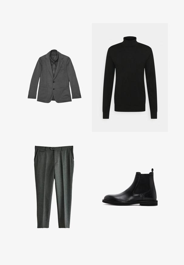 Blazer gris en tissu texturé, présentant une fermeture à deux boutons, des revers crantés et deux poches avant, avec une coupe élégante et ajustée.; Pull à col roulé noir en matériau doux et extensible. Manches longues, col et poignets côtelés, et silhouette ajustée.; Pantalons grisés ajustés avec un motif à carreaux subtil, des plis avant, des poches latérales et une fermeture à un bouton au niveau de la taille.; Bottes Chelsea en cuir noir avec panneaux élastiques sur les côtés et une languette. Texture lisse, bout arrondi, semelle en caoutchouc plate.