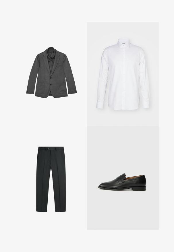 Grå blazer lavet af tekstureret stof, med lukning med to knapper, hakkede revers og to forlommer i et elegant, skræddersyet design.; Langærmet hvid skjorte i bomuld med krave, knaplukning foran og skræddersyet pasform med sideslids ved kanten.; Sorte skræddersyede bukser med bæltestropper, for-trykknap og lynlåslukning samt skrå sidelommer, vist fladt på hvid baggrund.; Sort læder loafer med rund tå, diskret syning, og lav hæl, der har en glat tekstur og minimalistisk design.