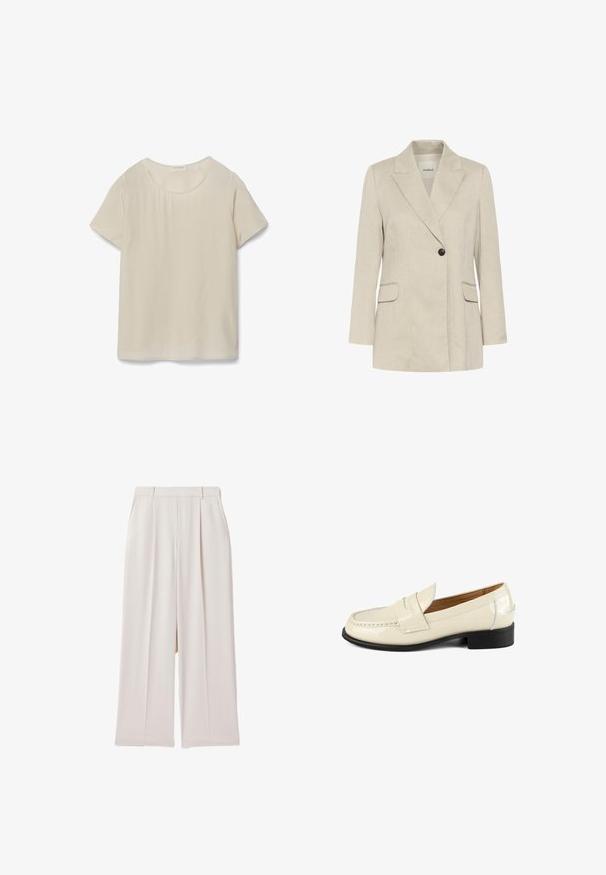 Beige blazer med en enkelt knap, hakrevers, lange ærmer, to lommer med klapper foran og en lige kant.; Kortsleeve, lys beige bluse med rund halsudskæring og glat tekstur. Har et rent, enkelt design uden yderligere mønstre eller detaljer.; Beige bukser med vide ben, høj talje, forreste læg og sidelommer, velegnet til både formelt og afslappet brug.; Beige patent læder loafers med en rund tå og dekorative syninger. Har en lav sort hæl og slip-on design.