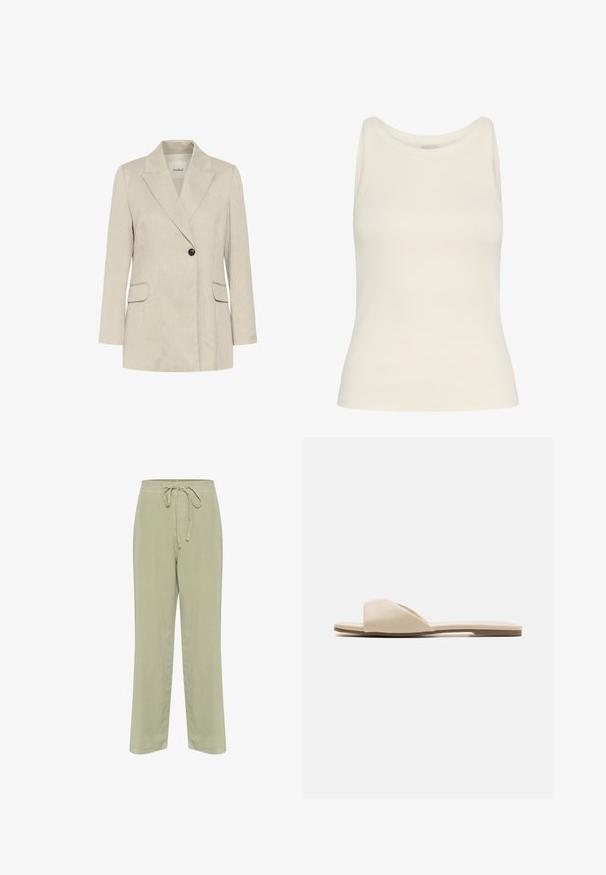 Beiger Blazer mit einem Knopf, Kerbkragen, langen Ärmeln, zwei vorderen Klappentaschen und geradem Saum.; Cremfarbenes Tanktop aus geripptem Stoff, mit Rundhalsausschnitt und ärmellosem Design, mit figurbetonter Silhouette und glatter Textur.; Hellgrüne Leinenhose mit einem Kordelzugbund, weitem Bein und seitlichen Taschen. Weiche Textur und schlichte Konstruktionsdetails.; Flache Riemchensandalen aus einem weichen beigen Material, mit einem offenen Zehendesign, glatter Textur und minimalistischem Schnitt sowie einer hellbraunen Sohle.