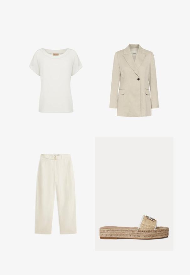 Beige blazer med en enkelt knap, hakrevers, lange ærmer, to lommer med klapper foran og en lige kant.; Hvid kortærmet dametop med rund halsudskæring og en lille beige label indeni kraven.; Bukser med brede ben i cremelige farver med bæltestropper og et matchende stofbælte med en guldfarvet oval spænde.; Flad slidssandal med vævet jutebund og beige tekstureret rem med lille sølv dekorativt emblem.
