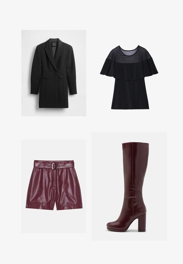 Sort skræddersyet blazer lavet af struktureret stof. Har en krave med hak, dobbeltradede knapper og to forlommer.; Sort top med et gennemsigtigt mesh øverste lag med en flæset design. Stoffet er glat, med en rund halsudskæring og korte ærmer.; Burgunderfarvede faux lædershorts med en bred talje, et bælte med en sølvspænde og frontfald for en afslappet silhuet.; Anna Field Højhælede støvler - red