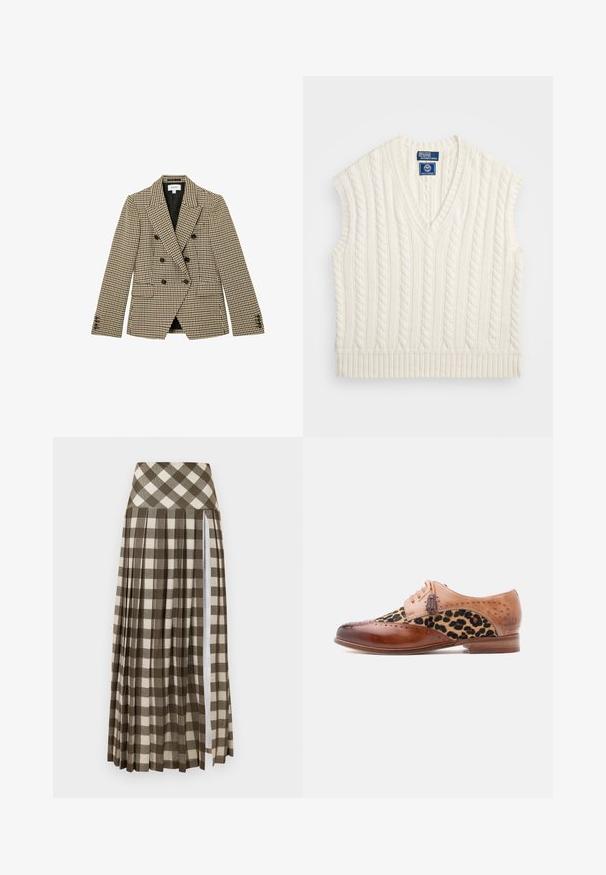 Bruine en beige geblokte blazer met dubbele rij knopen, zwarte knopen, verzonken revers, voorzakken met klep en lange mouwen.; Crème kabelgebreide mouwloze trui met een V-hals en ribbelzoom. Beschikt over een textuurpatroon en een logo-label op de hals.; Lange, geplooide rok met een bruin en beige geruit patroon. Hoge taille ontwerp met een zijsplits en een zachte stofstructuur.; Bruine leren nette schoen met een paneel van luipaardprintstof, sierlijke perforaties, sierstrikaccenten en een lage houten hak.