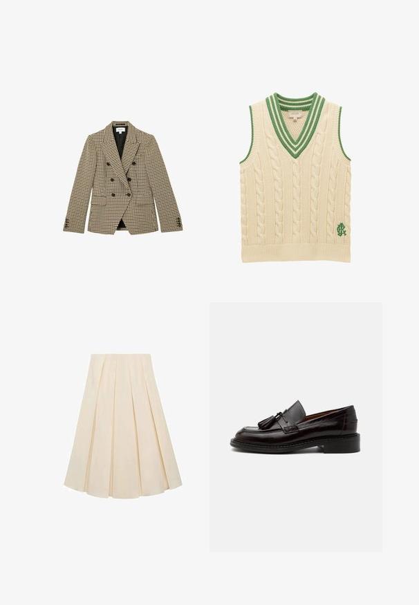 Dobbeltradet brun og beige hundetandsmønstret blazer med sorte knapper og hakrevers, frontlommer med klap og lange ærmer.; Kremfarvet kabelstrikket ærmeløs sweatervest med grønstribet V-hals og broderet grønt logo nær kanten.; Plisseret nederdel i cremefarvet stof; har en blød tekstur, mellemlang design og symmetriske plisseringer, der strækker sig fra taljen til kanten.; Mørkebrun læderloafer med duske, syningsdetaljer og en lav stablet hæl på en ensfarvet lys baggrund.