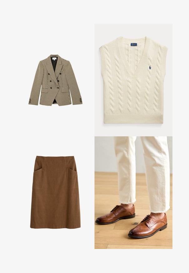 Doppelreihiger braun-beiger Hahnentritt-Blazer mit schwarzen Knöpfen und Kissingkragen, vorne mit Pattentaschen und langen Ärmeln.; Ärmellose, cremefarbene Weste mit Zopfmuster, V-Ausschnitt und kleinem dunkelblauem Polo Ralph Lauren-Logo auf der Brust.; Brauer Baumwollrock mit tailliertem Bund, zwei seitlichen Taschen und geradem Schnitt. Der Stoff hat eine weiche Textur und einen subtilen Glanz.; Braune Leder-Brogueschuhe mit perforierten Details, runder Spitze und glatter Oberfläche, kombiniert mit cremefarbenen Hosen mit fransigem Saum.