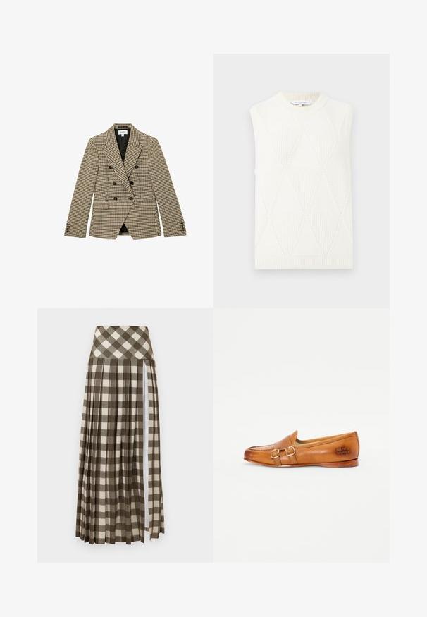 Dobbeltradet brun og beige hundetandsmønstret blazer med sorte knapper og hakrevers, frontlommer med klap og lange ærmer.; Ärmløs hvid strik svættervest med diamantmønster og ribbet rund halsudskæring og kant, mærket Maison Kitsuné Paris.; Lang, plisseret nederdel med et brunt og beige ternet mønster. Høj talje-design med en sideslids og blød stoftekstur.; Brune læder loafers med dekorative spænde accenter, rund tå og syninger. Har diskret branding på siden.