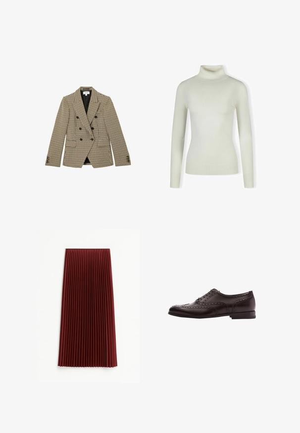 Bruine en beige geblokte blazer met dubbele rij knopen, zwarte knopen, verzonken revers, voorzakken met klep en lange mouwen.; Lichtkleurige coltrui van zacht, ribbelstof; aansluitend ontwerp met lange mouwen en een gestructureerde zoom. Geen patronen of accenten.; Plissé midi-rok in diep rood, met een gestructureerde stof en gelijkmatig verdeelde verticale plooien. De zoom valt rond de middenkuit.; Bruine leren schoenen met brogue-details, vetersluiting, ronde neus en een lage gestapelde hak. Gepolijste afwerking en ingewikkelde perforaties.