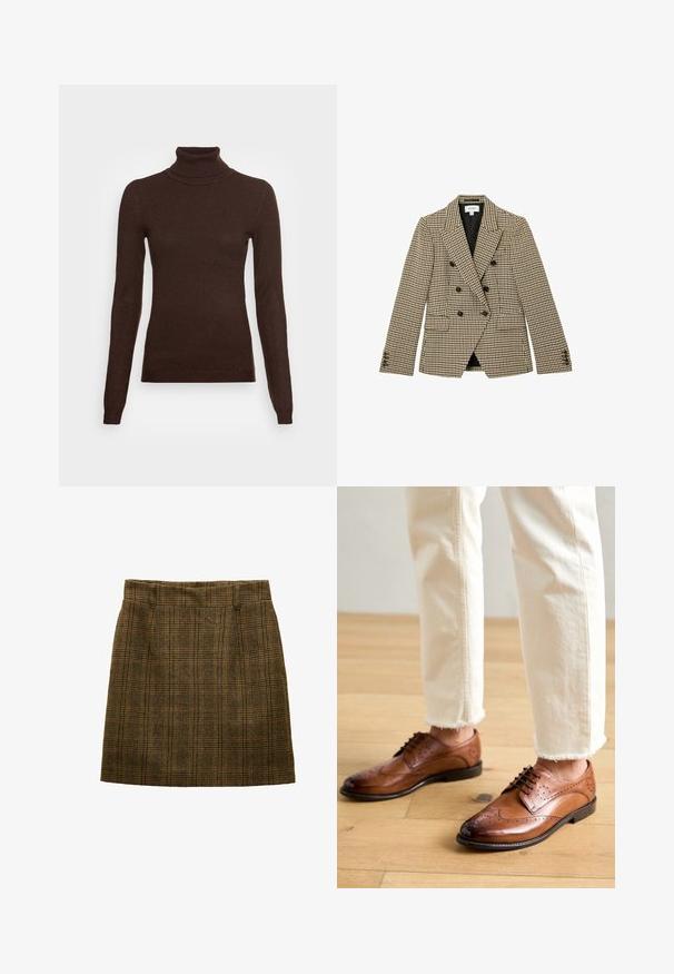 Dobbeltradet brun og beige hundetandsmønstret blazer med sorte knapper og hakrevers, frontlommer med klap og lange ærmer.; Vero Moda Tall VMHAPPINESS ROLLNECK - Striktrøje - coffee bean; Brun ternet uldnederdel med bæltestropper, en lige pasform og diskrete læg foran, designet til at være knælængde.; Brune læder brogue sko med perforerede detaljer, rund tå og en glat overflade, parret med cremede bukser med frynset kant.