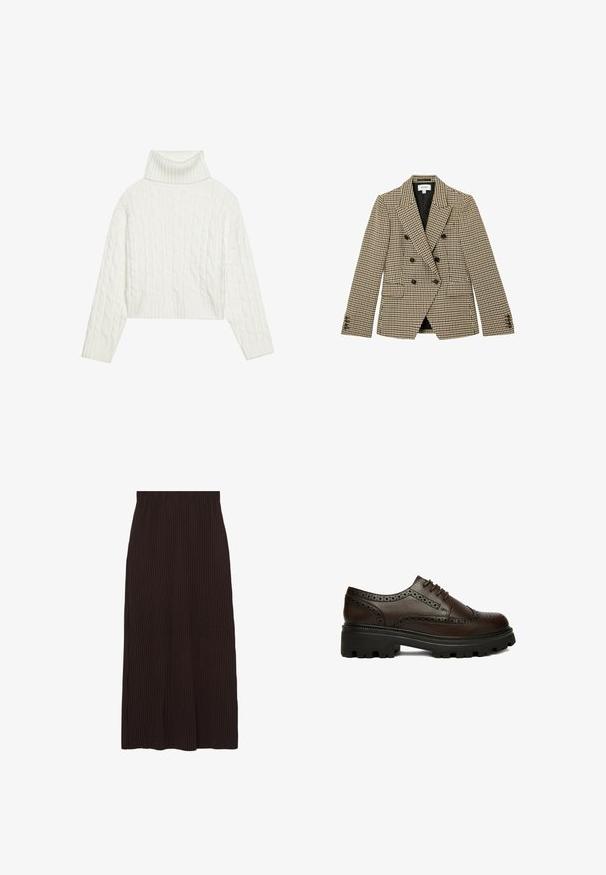 Blazer croisé marron et beige à motif pied-de-poule avec boutons noirs et revers crantés, poches avant à rabat et manches longues.; Pull à col roulé en maille blanche, avec une coupe courte, doté de poignets et d'un ourlet côtelés. Texture douce avec un design épais et confortable.; Jupe marron côtelée de coupe mi-longue avec une taille élastique. Le tissu présente une surface texturée avec des rayures verticales.; Chaussure brogue en cuir marron foncé avec détails perforés et semelle épaisse en caoutchouc noire, vue de côté sur fond blanc.