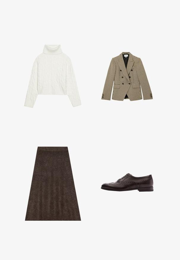 Dobbeltradet brun og beige hundetandsmønstret blazer med sorte knapper og hakrevers, frontlommer med klap og lange ærmer.; Hvid kabel-strikket turtleneck sweater med en cropped silhuet, der har ribbede manchetter og kant. Blød tekstur med et hyggeligt, chunky design.; Brun strikket nederdel med en flared design, elastisk talje og subtil tekstur hele vejen igennem. Stoffet ser blødt og varmt ud.; Brune læder dress sko med brogue-detaljer, snørebånds lukning, rund tå og en lav stablet hæl. Poleret finish og indviklede perforeringer.