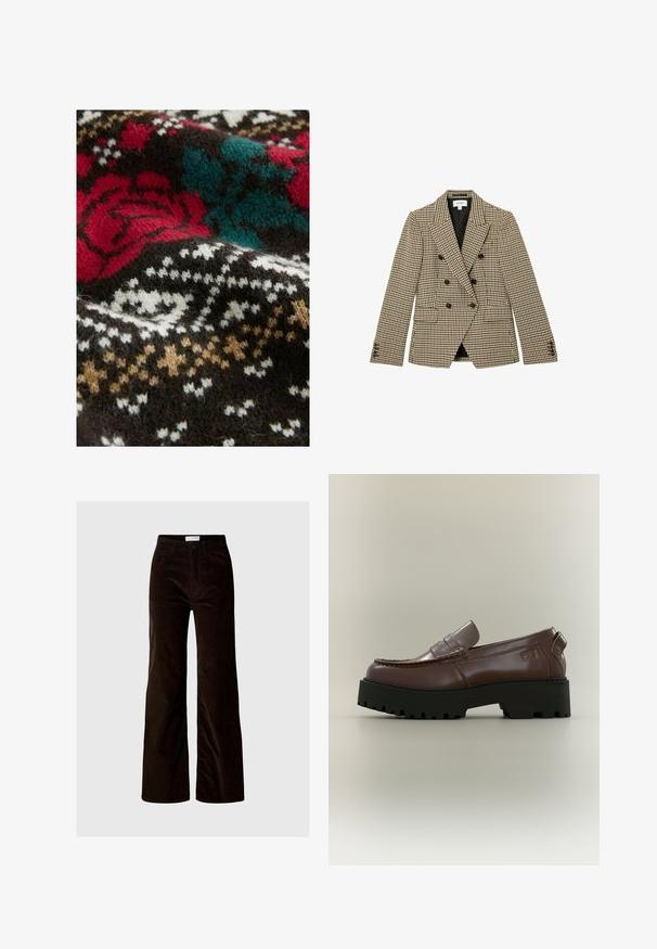 Dvojradové hnedo-bežové sako so vzorom káro houndstooth, čierne gombíky, výrezové klopy, predné vrecká s chlopňami a dlhé rukávy.; Pletene textílie so tmavohnedým základom, na ktorom sa nachádzajú červené, tyrkysové a biele kvetinové a geometrické vzory. Mäkkučká, chĺpkatá textúra je viditeľná po celom povrchu.; Tmavohnedé kordové nohavice s vysokým pásom a širokými nohavicami, so zapínaním na predný gombík a zips, ako aj so bočnými a zadnými vreckami, na svetlom jednofarebnom pozadí.; Hnedá kožená mokasína s hrubou čiernou podrážkou so vzorom a prešívanými detailmi na neutrálom pozadí.