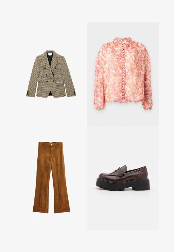 Dobbeltradet brun og beige hundetandsmønstret blazer med sorte knapper og hakrevers, frontlommer med klap og lange ærmer.; Gennemsigtig lyserød bluse med blomsterlignende mønstre i rød og guld, rund krave, foran knaplukning, elastiske ærmer og lige kant.; Brune fløjl flared bukser med en tekstureret finish, fem lommer og knaplukning. Flad talje med bæltestropper og et bred ben design.; Madden Girl CALISTA - Loafers - brown