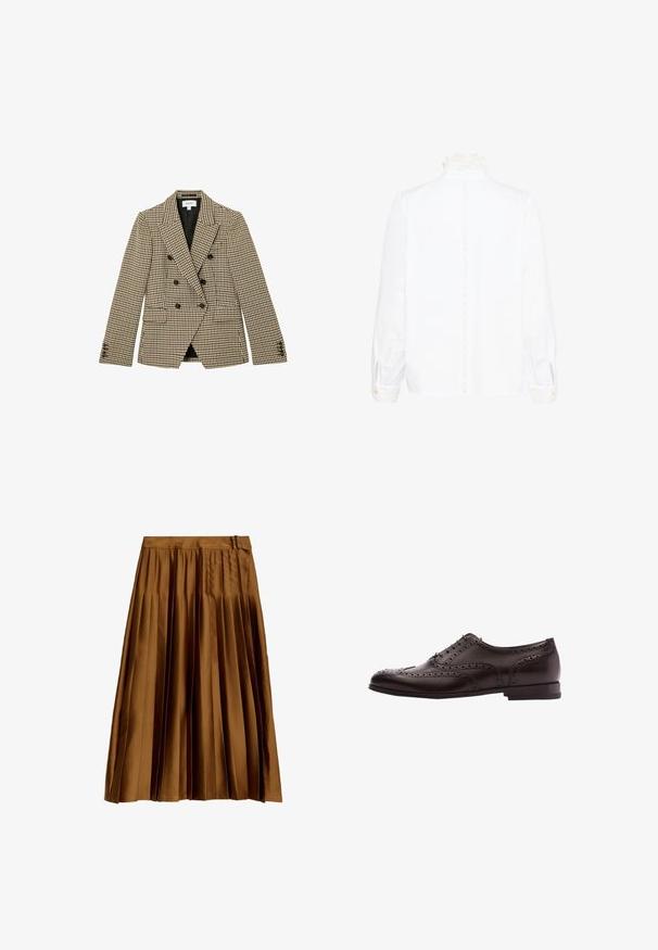 Dobbeltradet brun og beige hundetandsmønstret blazer med sorte knapper og hakrevers, frontlommer med klap og lange ærmer.; Hvid bluse med lange ærmer og spidse blondekrave samt manchetter, som har en vertikal blondebeskæring ned over midten af ryggen.; Brun satin plisseret midi-nederdel med en høj talje og suedetailer, vist fladt på en hvid baggrund.; Brune læder dress sko med brogue-detaljer, snørebånds lukning, rund tå og en lav stablet hæl. Poleret finish og indviklede perforeringer.