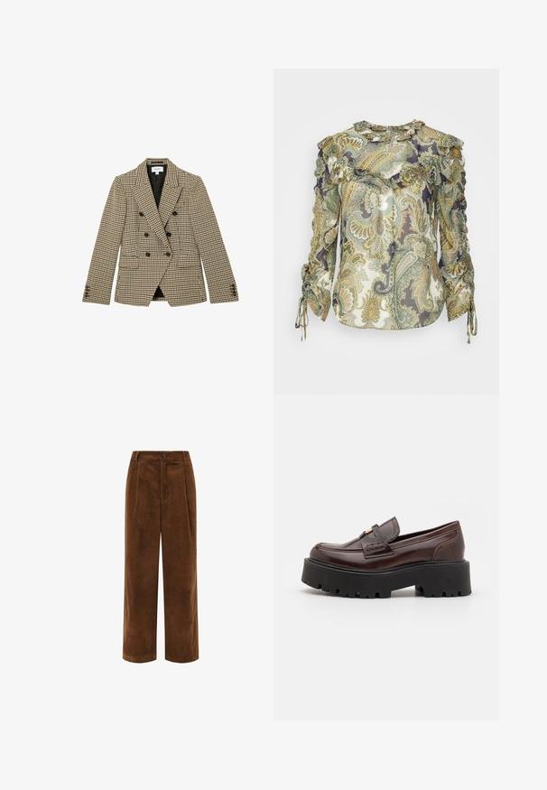 Dvojradové hnedo-bežové sako so vzorom káro houndstooth, čierne gombíky, výrezové klopy, predné vrecká s chlopňami a dlhé rukávy.; Veronica Beard HOWELL BLOUSE - Blúzka - green; Hnedé kordové široké nohavice s textúrovaným povrchom, plisovaným predným dielom a zipsom na zapínanie. Funkciou je malý značkový štítok na pásovej línii.; Madden Girl CALISTA - Našuchovačky - brown