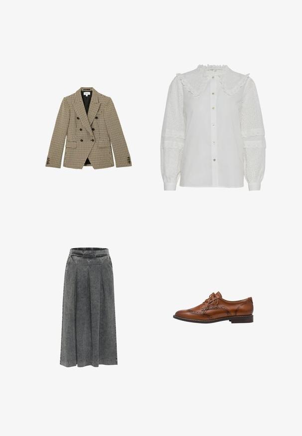 Dvojradové hnedo-bežové sako so vzorom káro houndstooth, čierne gombíky, výrezové klopy, predné vrecká s chlopňami a dlhé rukávy.; Biela blúzka s volánovým golierom, predným zapínaním na gombíky a vyšívanými očkami na nahrnutých rukávoch. Má jemný lesk a mäkkú textúru.; Sivá džínsová sukňa s plisovaním, elastickým pásom, dĺžkou po kolená a textúrovaným povrchom. Jednoduchý dizajn bez viditeľných vzorov alebo ozdôb.; Hnedá kožená oxfordská brogue topánka s detailmi krídel, perforáciami, šnúrkami a nízkym klinovým podpätkom na bielom pozadí.