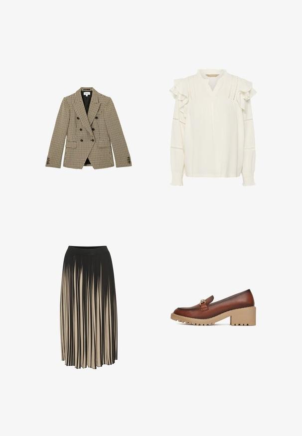 Doppelreihiger braun-beiger Hahnentritt-Blazer mit schwarzen Knöpfen und Kissingkragen, vorne mit Pattentaschen und langen Ärmeln.; Weiße Bluse mit Rüschenärmeln, strukturiertem Stoff und Lochstickerei entlang von Hals und Manschetten. Lockerer Sitz mit V-Ausschnitt.; Faltender Midirock in Schwarz und Beige mit einem hohen elastischen Bund, der vertikale Streifen aufweist und ein fließendes Design für Bewegungsfreiheit bietet.; Braune Lederloafer mit runder Zehenform, ausgestattet mit einem dekorativen Riemen und goldenen Beschlägen, auf einer grobprofilierte beigen Gummisohle mit Rutschfestigkeit.