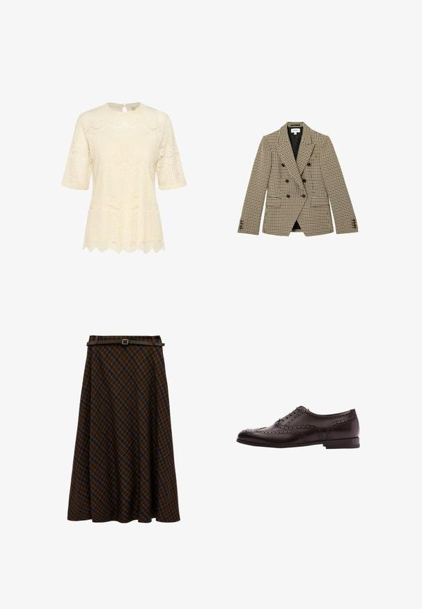 Blazer de pata de gallo marrón y beige de doble botonadura con botones negros, solapas con muesca, bolsillos frontales con solapa y mangas largas.; Top de encaje crema con mangas cortas, cuello redondeado y dobladillo ondulado, que presenta intrincados patrones texturizados en todo su diseño.; Falda midi de cuadros marrón y azul marino con forma línea A y cinturón fino marrón oscuro con hebilla plateada en la cintura.; Zapato de vestir de cuero marrón con detalles de brogue, cierre con cordones, puntera redondeada y un tacón bajo apilado. Acabado pulido y perforaciones intrincadas.