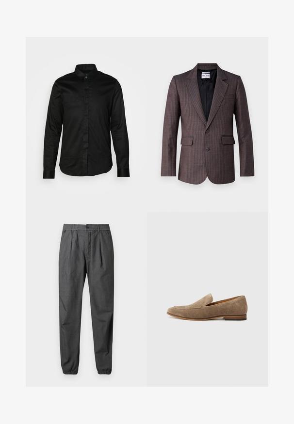 Brunstribet blazer med sjalskrave, to forlommer, enkelt knaplukning og en glat sort foring. Stoffet er struktureret.; Sort langærmet skjorte fremstillet af glat stof, med krave, knaplukning foran og kontrasterende manchetter. Ingen synlige mønstre eller grafikker.; Mørkegrå, afsmalnende bukser med folder, elastiske manchetter, bæltestropper, knaplukning og forlommer mod en hvid baggrund.; Suedesko i lyst brunt med en syet design, flad sål og åbne sider for nem påføring. Gummisål for holdbarhed.